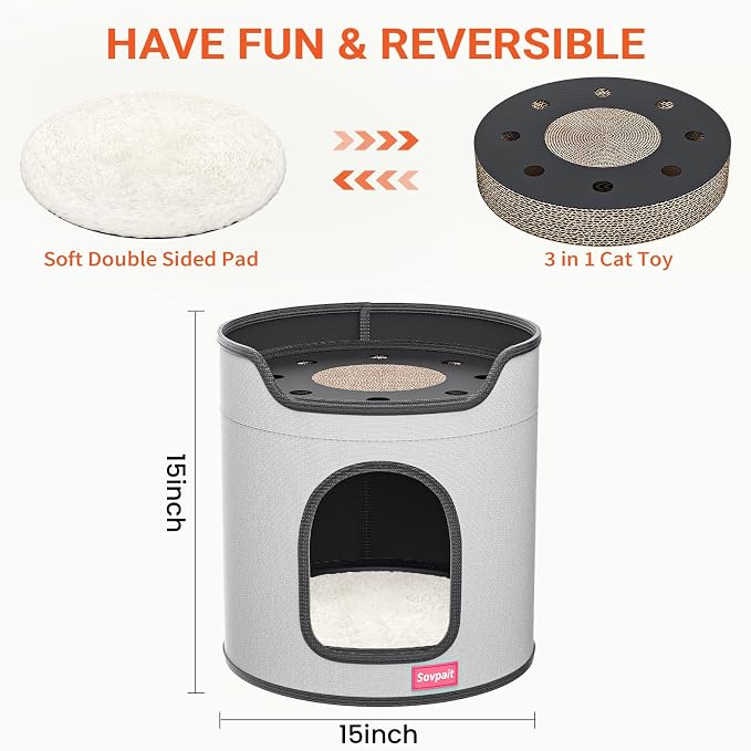 Cat House for Indoor Cats Large Double Cat Beds Cave with Cat Scratcher Pad Toys w/Catnip,Soft Washable Cushion Cat House Shelter D15xH15in Grey (Cardboard Cat Scratcher)