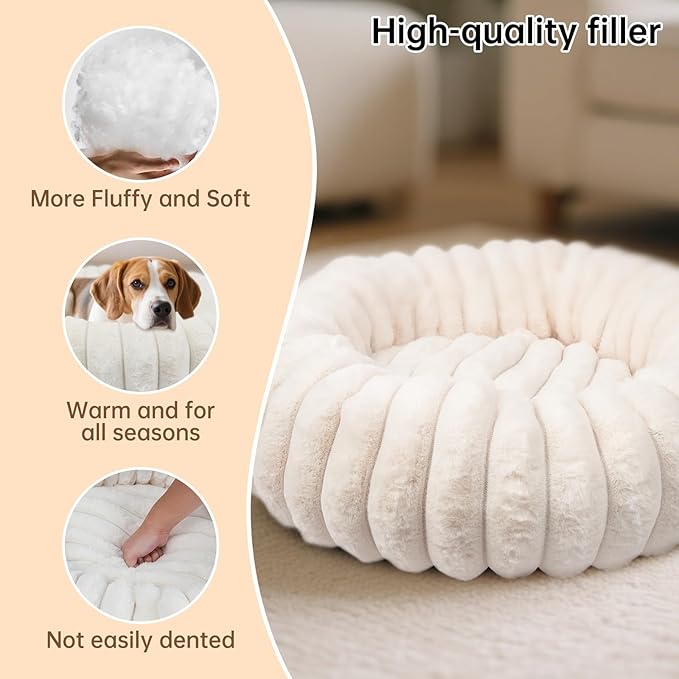 Donut Dog and Cat Bed, Luxurious Comfortable Faux Rabbit Fur Pet Beds, Round Anti-Anxiety Calming Puppy Kitten Bed with Anti-Slip Bottom for Small Medium Dogs & Cats(36", White)