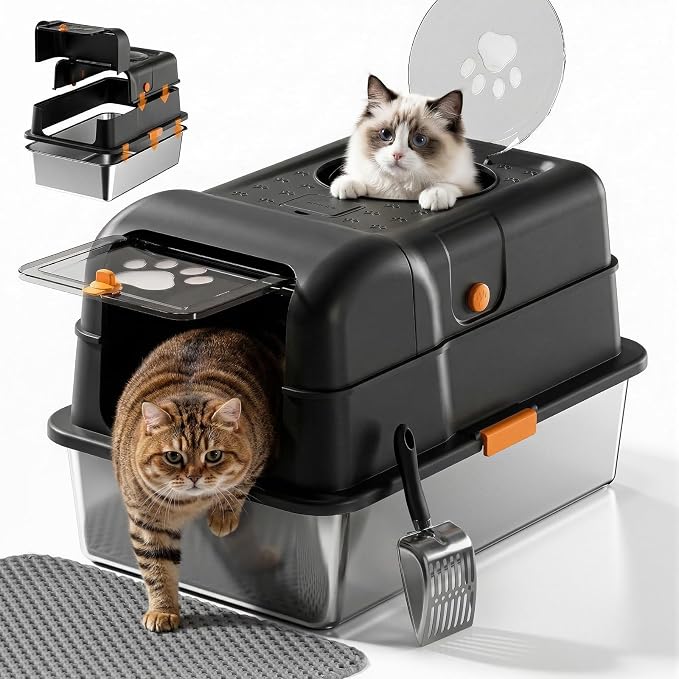 24″Lx16″Wx15″H Non-Stick Stainless Steel Litter Box with Lid, No-Mess Odor Control Anti-Leak Cat Litter Box, 3-in-1 Fully Enclosed High-Sided Litterbox with Flip Top (Black)