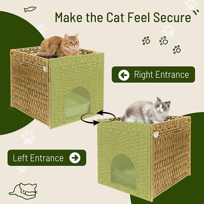 Neti Neti Cat Litter Box Enclosure Furniture, A Calm Enclosed Space Chosen by Cats, Handwoven Rattan Hidden Cabinet with 2 Removable Mats, Large Foldable Design for Indoor Use, Small, Natural