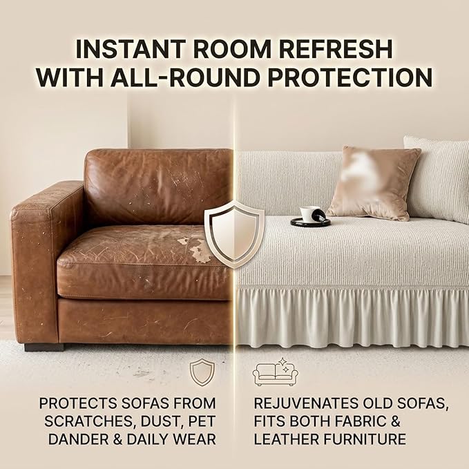 Velvet Sofa Cover with Skirt,Full Coverage Non-Slip Couch Slipcover, Soft Textured Furniture Protector for Living Room with Free Pet Lint Remover Roller(Gray,3-Seater)