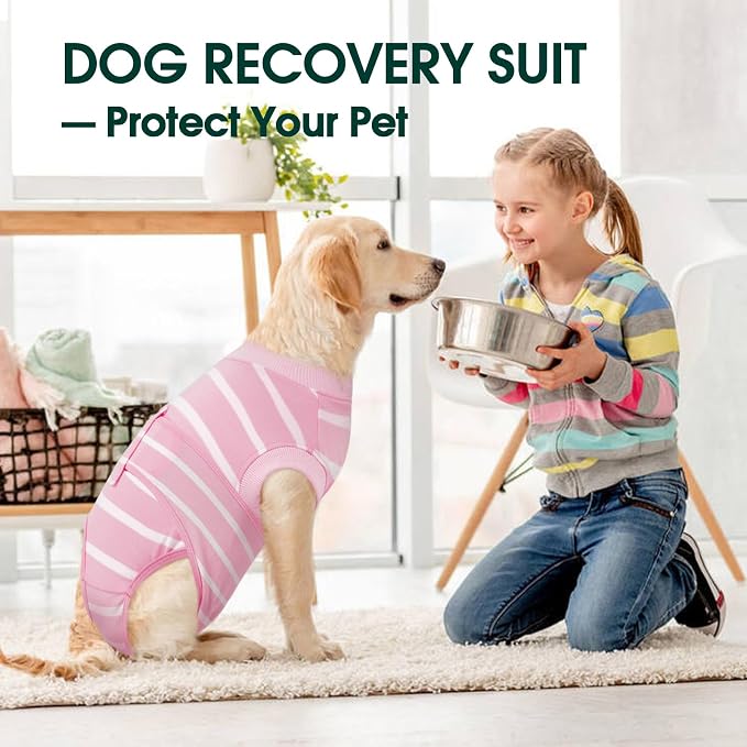 Kuoser Dog Surgery Recovery Suit, Soft Breathable Dog Recovery Suit for Female Spay Male Nueuter, Anti Licking Puppy Onesie Pet Surgical Suit for Dogs Abdominal Wounds Skin Disease, Pink Strips M