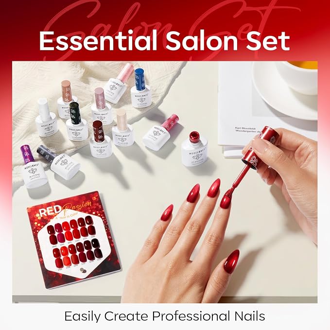 modelones 12Pcs 15ML Red Gel Nail Polish Set, Same Bottle Same Bottle Burgundy Cherry Dark Red Cat Eye Glitter Color Changing Hema Free Gel Polish Kit with Magnet Soak Off Manicure Nail Art DIY