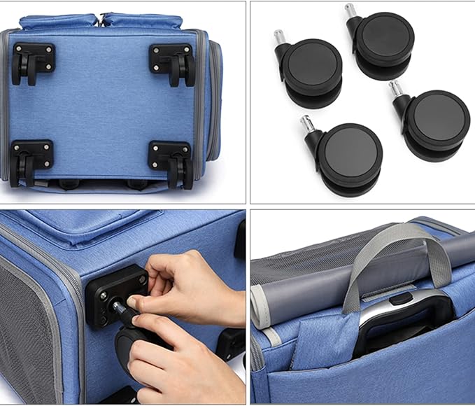 Pet Travel Carrier with Removable Rolling Wheels, Cat Rolling Carrier Backpack Pet Stroller Luggage Bag for Dogs Cats Puppy,Mesh Ventilation Windows, 2 Storage Pockets,Telescopic Handle