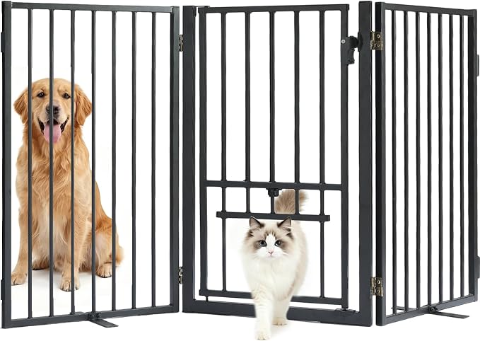Metal Freestanding Dog Gate with Cat Door for Outdoor & Indoor,60" Extra Wide Foldable Puppy Fence,30" Tall Free Standing Dog Gate for Stairs,Hallways,Doorways,Deck,Yard (3 Panels,Black)