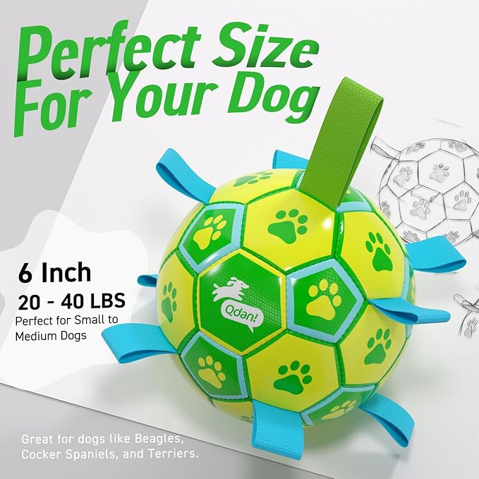 QDAN Dog Toys Soccer Ball - Durable Dog Balls with Strap for Medium Small Dogs, Puppy Birthday Gifts, Dog Tug Toy for Tug of War (8 Inch)
