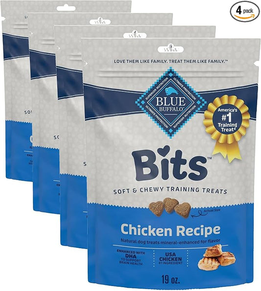 Blue Buffalo Bits Soft Dog Treats for Training, Made with Natural Ingredients & Enhanced with DHA, Chicken Recipe, 19-oz Bag (Pack of 4)
