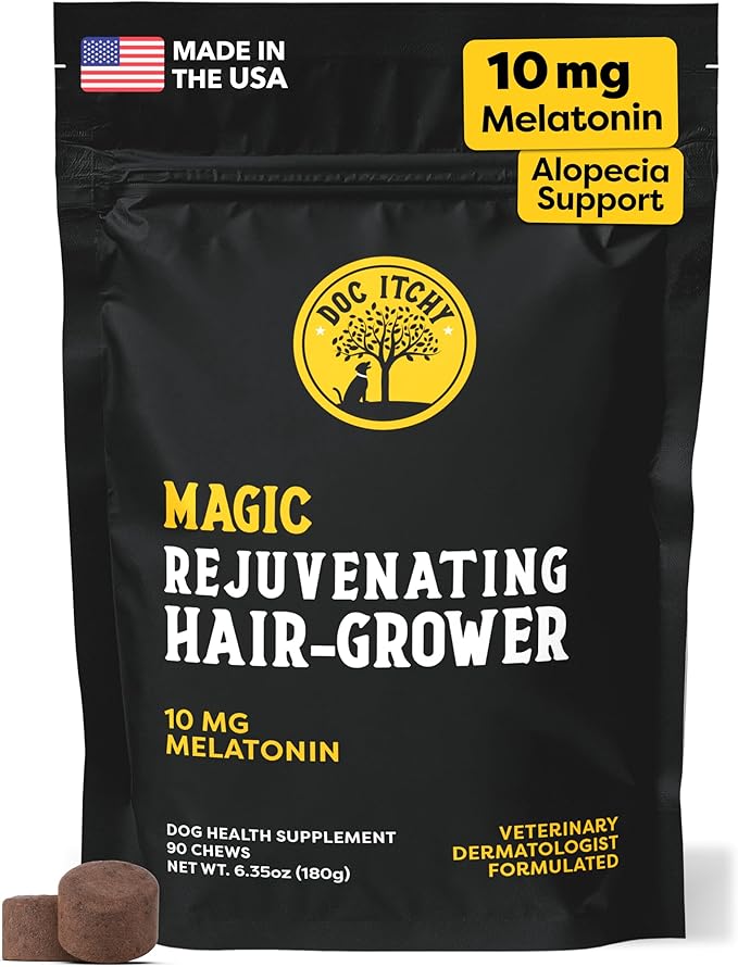 Doc Itchy Rejuvenating Hair-Grower Dog Pet Chews | 10mg Melatonin for Dogs | Hair Growth Booster | Senior Dog Energizer | Calming | Medical-Strength | Food Allergy Safe | Made in USA | 90 Count