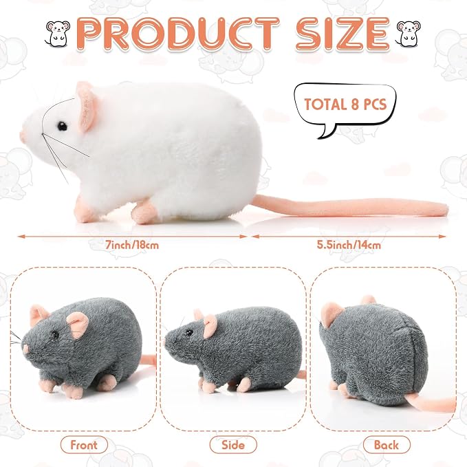 Honoson 8 Pcs Rat Stuffed Animal Mouse Plush Toy 7 Inch Fake Rat Small Stuffed Mice Bulk Cuddly Realistic Plushies for Birthday Christmas Surprise Gifts(Mixed Color,Classic)