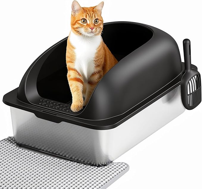 OLIXIS Stainless Steel Cat Litter Box with Lid, Large Cat Litter Box for Big Cats, High Wall Sides, Anti-Urine Leakage, Easy Cleaning, Scoop and Mat Included, Black