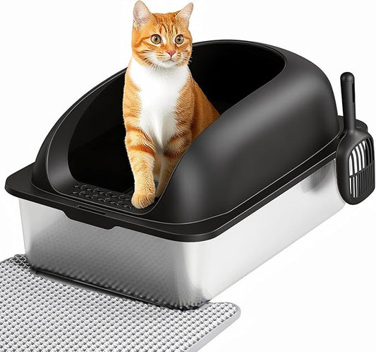 OLIXIS Stainless Steel Cat Litter Box with Lid, Large Cat Litter Box for Big Cats, High Wall Sides, Anti-Urine Leakage, Easy Cleaning, Scoop and Mat Included, Black