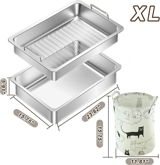 Stainless Steel Sifting Cat Litter Box for Clumping Clay Litter,Large Metal Litter Box with Litter Bag,Sifting Tray and Handle for Easy Lifting, Odor Control (23.6"x15.7"x5.9")