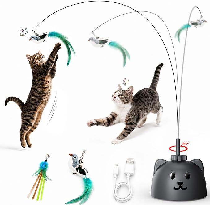 Interactive Cat Toys for Indoor Cats: Automatic Flying Bird Cat Toy with 360° Feather Wand, Strong 8cm Suction Cup, USB Rechargeable Self-Play Cat Toy for Bored Kittens & Adult Cats