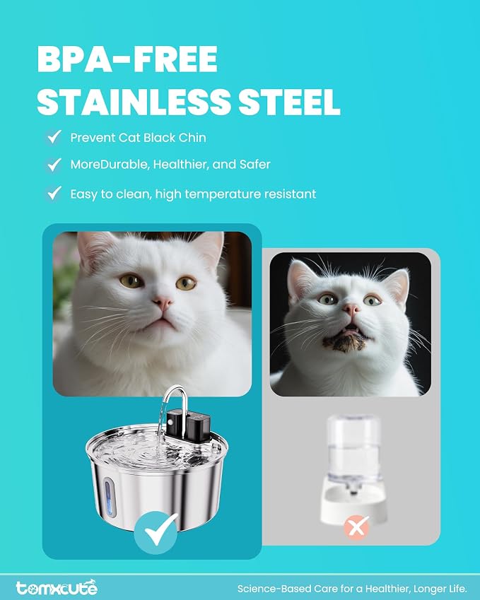 Tomxcute Wireless Cat Fountain-108oz Cordless Automatic Battery Operated | Quiet Pump Stainless Steel Pet Fountain with 3 Smart Water Supply Modes Rechargeable Water Dispenser for Cats, Dogs, Pets