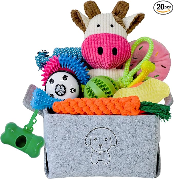 MRSOHRET 20Pcs Puppy Chew Toys for Teething, Dog Chew Toys with Rope Toy, Pet Dog Toothbrush, Treat Balls, Plush Toys and Squeaky Toys for Small Medium Dogs with Basket