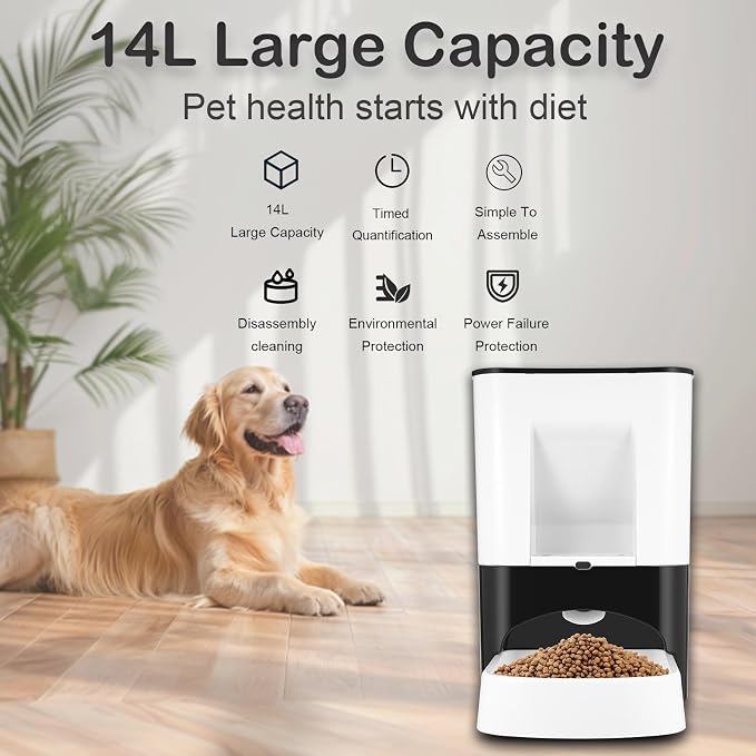 14L Large Automatic Dog Feeder for Large Breeds, Timed Pet Food Dispenser with Lock Lid, Voice Recording, Dual Power, Moisture-Proof Storage