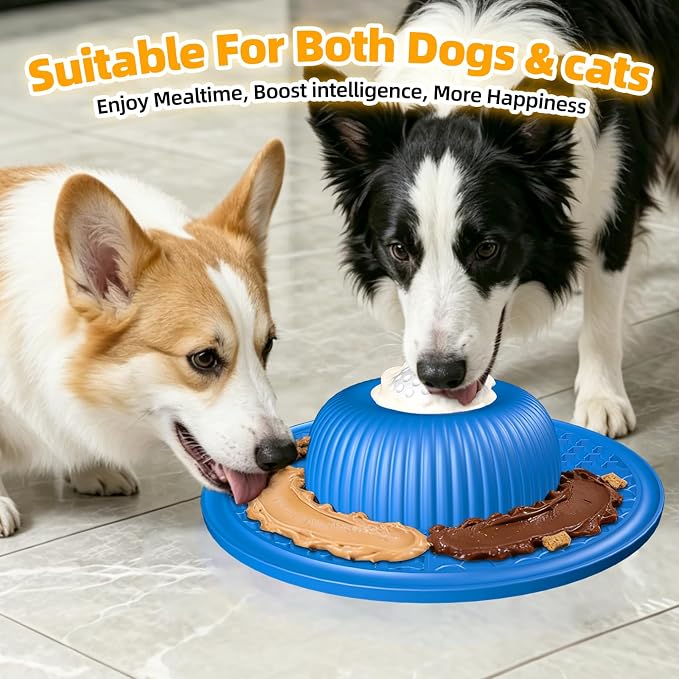2-in-1 Dog Slow Feeder Bowl & Lick Mat with 2 Rotatable Balls, No-Slip Silicone Anxiety Relief Treat Mat for Dogs & Cats, Dishwasher Safe (Blue)