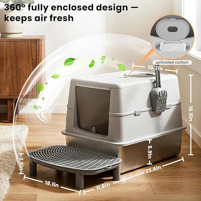 Stainless Steel XXL Cat Litter Box with 120° Lid, Enclosed Top Entry High-Sided Anti-Leak Cat Box, Dog Proof Litter Box for Multiple Cats, Includes Litter Step & Scoop