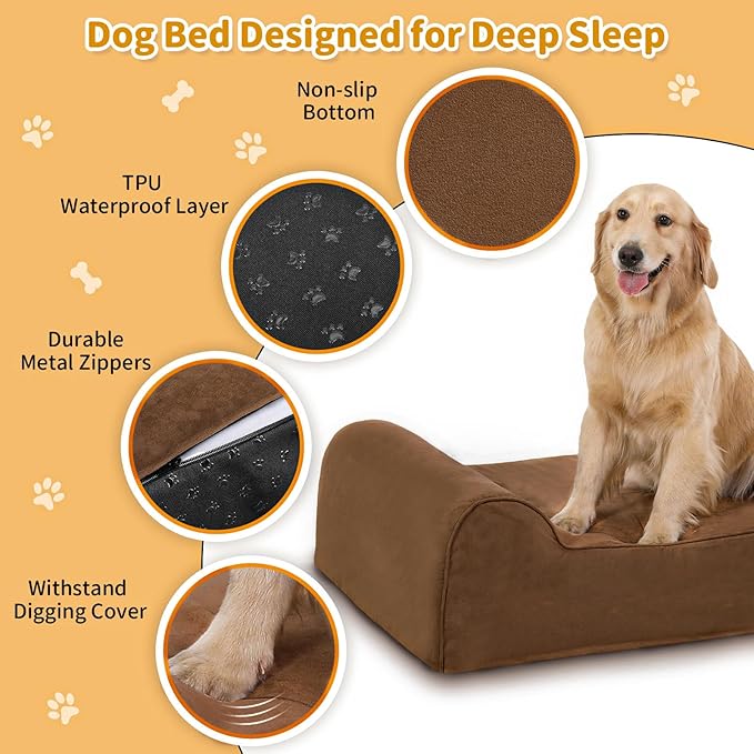 Rainmr Orthopedic Dog Beds for Large Dogs, 7" Memory Foam Dog Beds with Waterproof Liner, Durable Microsuede Cover, Removable and Washable, Nonskid Bottom, 52"x36"x7" XL Chocolate