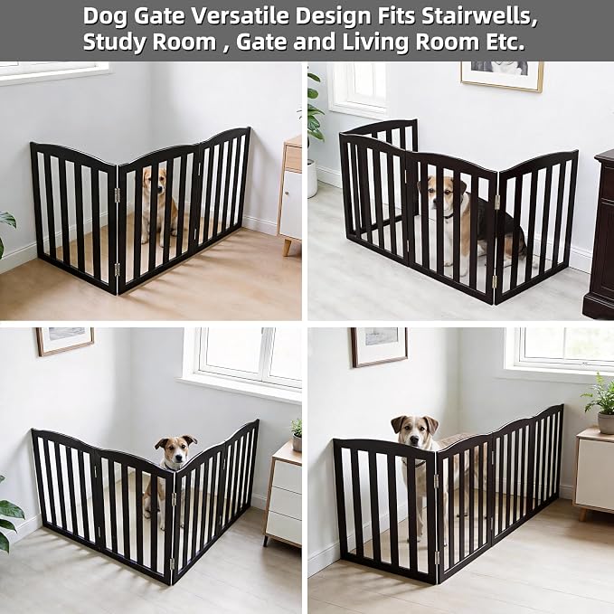 Freestanding Dog Gate Indoor,Doggie Gate Foldable Pet Gates for Doorways,Stairs or Hallways, Wooden Black Pet Gate for the House, Pet Fence,24 "Height-3 Panels