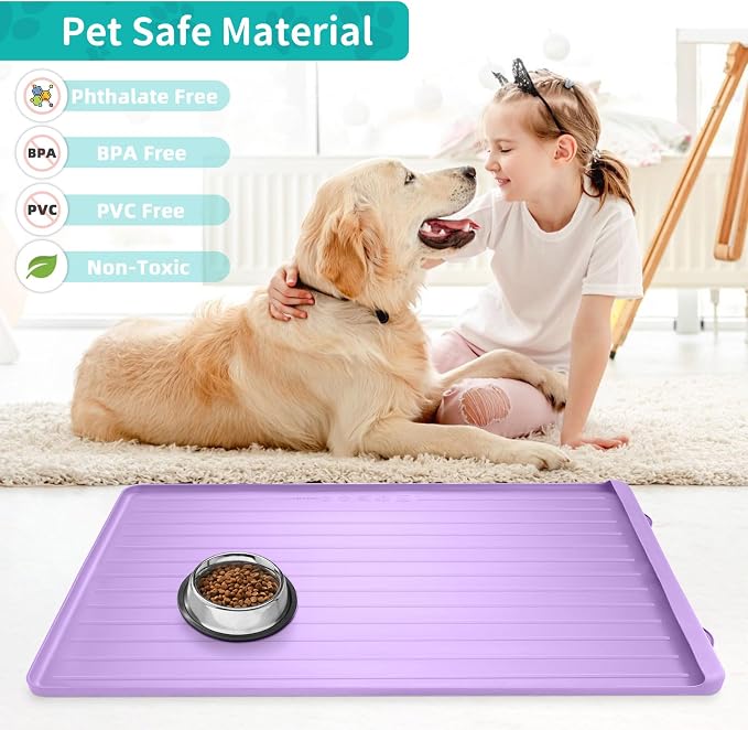 Dog Mat for Food and Water - 39.4" x 27" Large Pet Feeding Mats with Residue Collection Pocket - Waterproof Dog Cat Bowl Mat with High Edges to Prevent Water and Food Spills (Purple, 39.4''x27'')