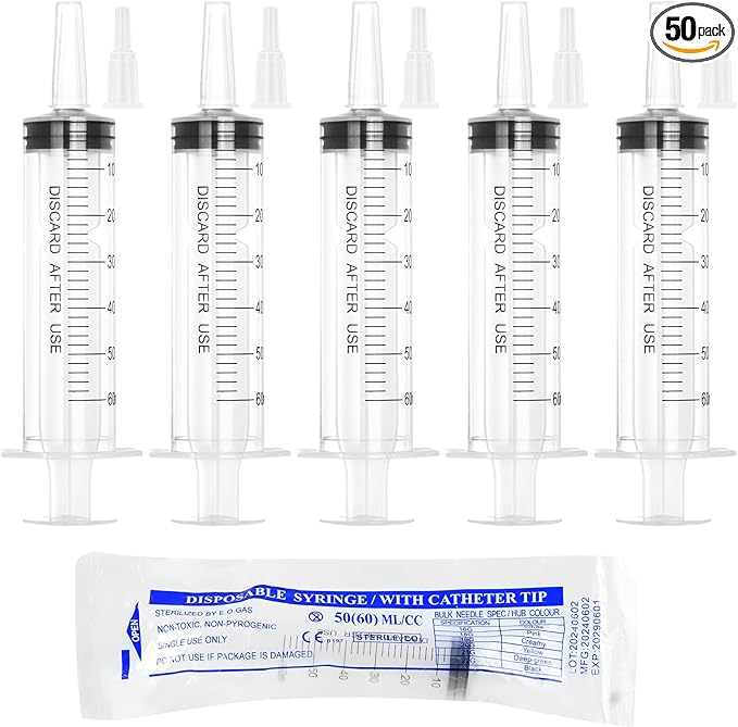 60ml Syringe for Liquid,50 Pack Large Plastic Syringes with Adapters and Cap,Individually Sealed Syringe for Feeding,Irrigation Water and Scientific Labs