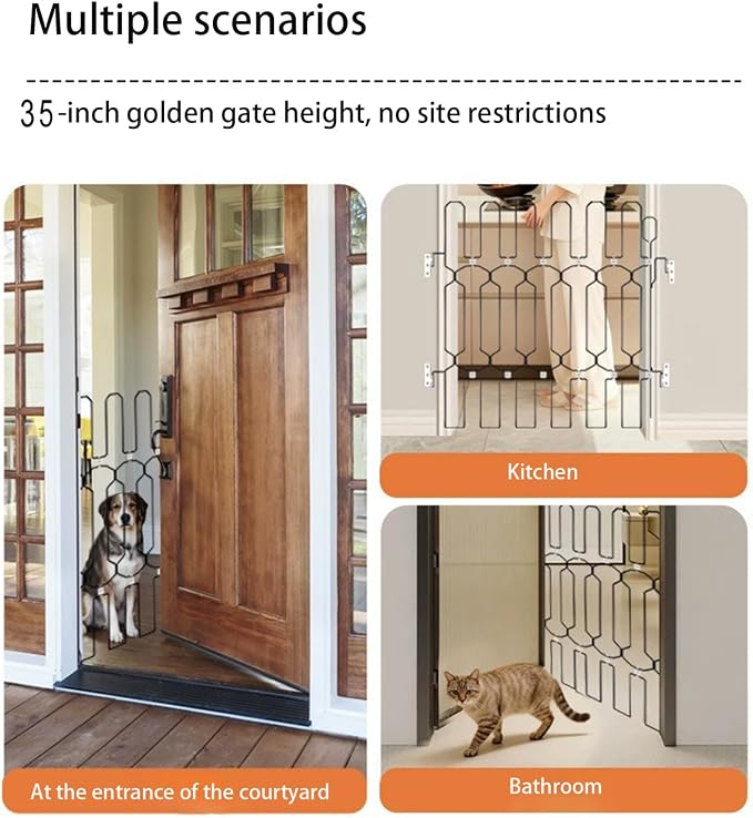 Metal Telescopic gate, 45 inches Wide and 35 inches high, is a Safe pet gate Suitable for Front Doors, RVs, doorways, etc., and is Easy to Install.