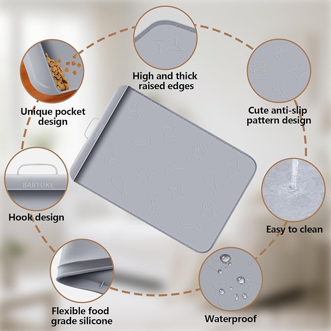Dog Food Mat with Collection Pocket, 42''x28'' Extra Large Silicone Pet Feeding Mat for Food and Water, Waterproof Anti-Slip Dog Mat with Edge and Handle, Pet Placement for Floor(Light Grey)