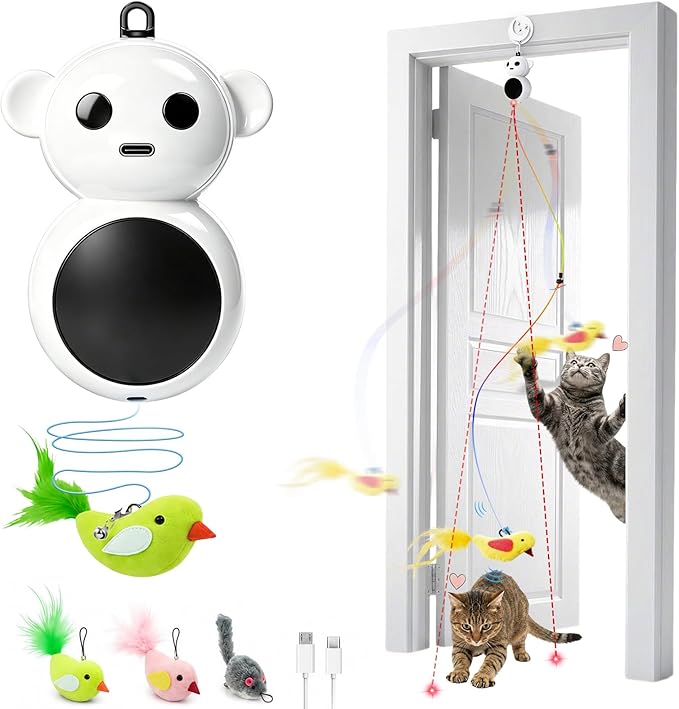 Interactive Cat Toys for Indoor Cats - 2 in 1 Automatic Cat Toy with Flying Bird，Smart Moving Wand Toy with 2 Modes, Doorway Hanging Toys Safe for Bored Kitten & Adult Cats