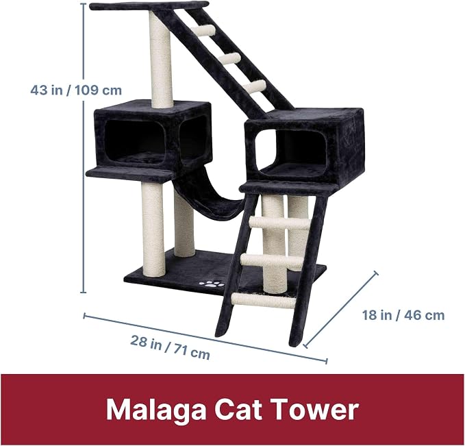 TRIXIE Malaga Cat Tower – Cat Tree with Extra-Thick Sisal Posts, Caves, Platforms & Hammock – Durable Cat Furniture for Indoor Cats – Gray, 18" x 28" x 43"