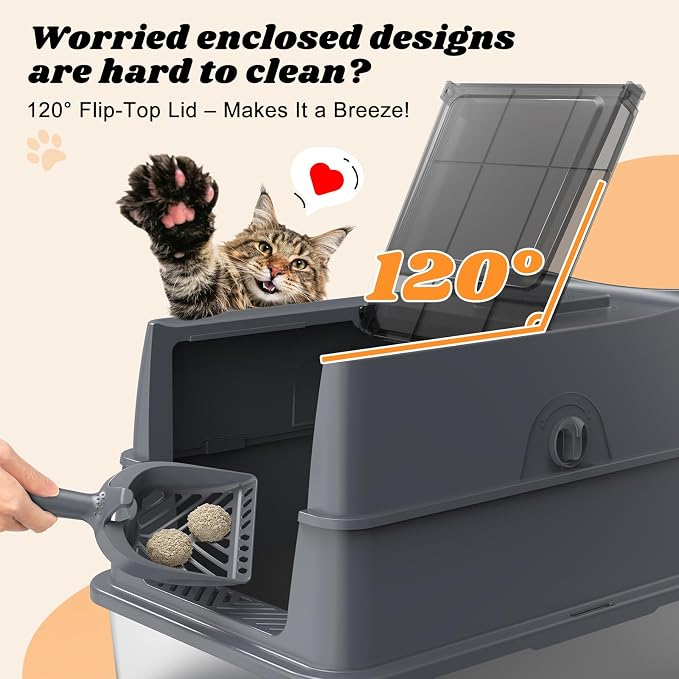AIPERRO Enclosed Stainless Steel Cat Litter Box with Lid, FILP-Top High Sided Enclosure Metal Litter Boxes with Scoop Set for Big Cats, Non-Sticky, Anti-Leakage, Easy Cleaning,Transparent Grey