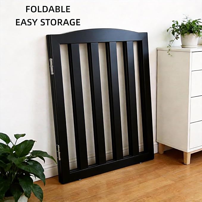 Freestanding Dog Gate Indoor,Doggie Gate Foldable Pet Gates for Doorways,Stairs or Hallways, Wooden Black Pet Gate for the House, Pet Fence,24 "Height-4 Panels