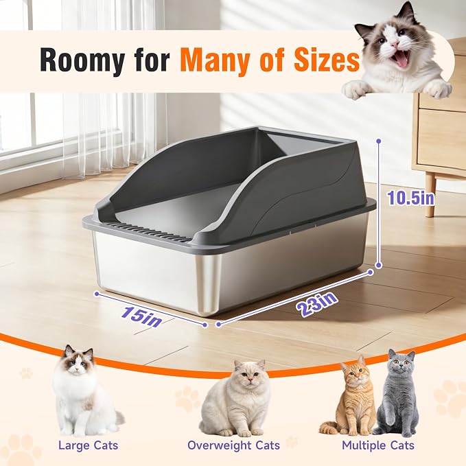 2Pack Stainless Steel Litter Box XL, Dark Grey, 2 Scoops Included | Easy Cleaning Anti-Scratch Anti-Urine Leakage Non-Sticky