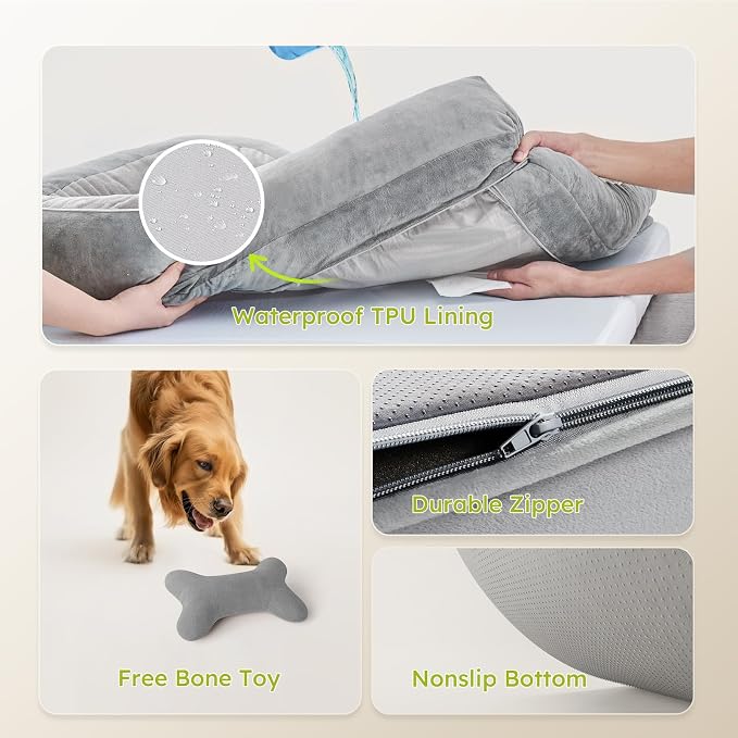CWAWZ Dog Beds for Large Dogs, Orthopedic Dog Bed with Cooling Gel Memory Foam, Waterproof Large Pet Bed with Removable Washable Cover, 36" Pet Sofa Couch Dutch Velvet with Bone Toy, Light Gray