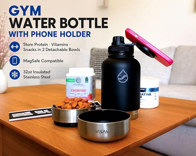 DASAN MagSafe Water Bottle 32oz – Stainless Steel Insulated Magnetic Water Bottle Holder With Phone Stand, Tripod Mount, Snack Compartment & Pill Storage – Leakproof Bottle For Gym, Travel and Work