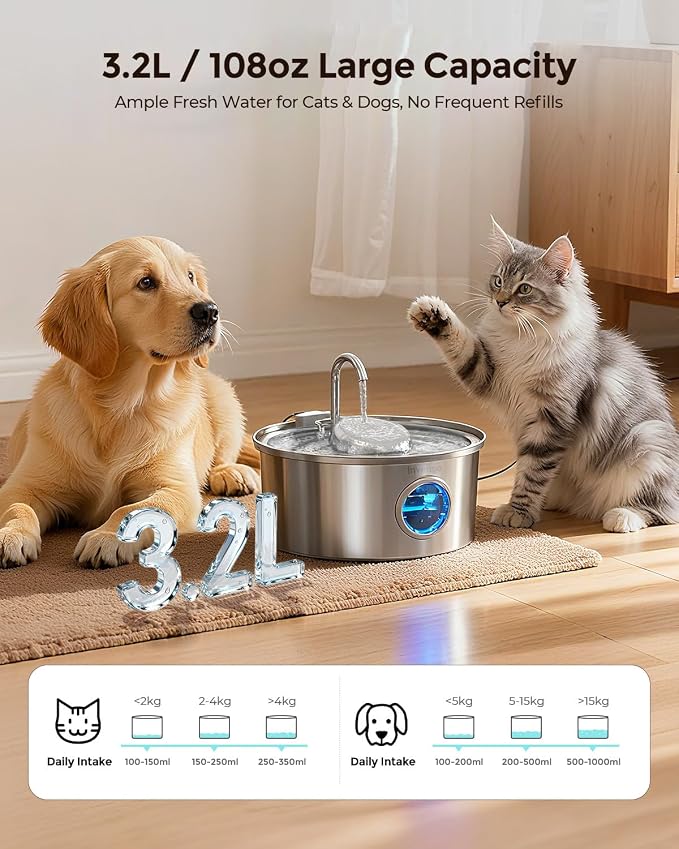 Invengo Cat Water Fountain Stainless Steel, 3.2L/108oz Pet Drinking Fountain for Cats Dogs Bundle