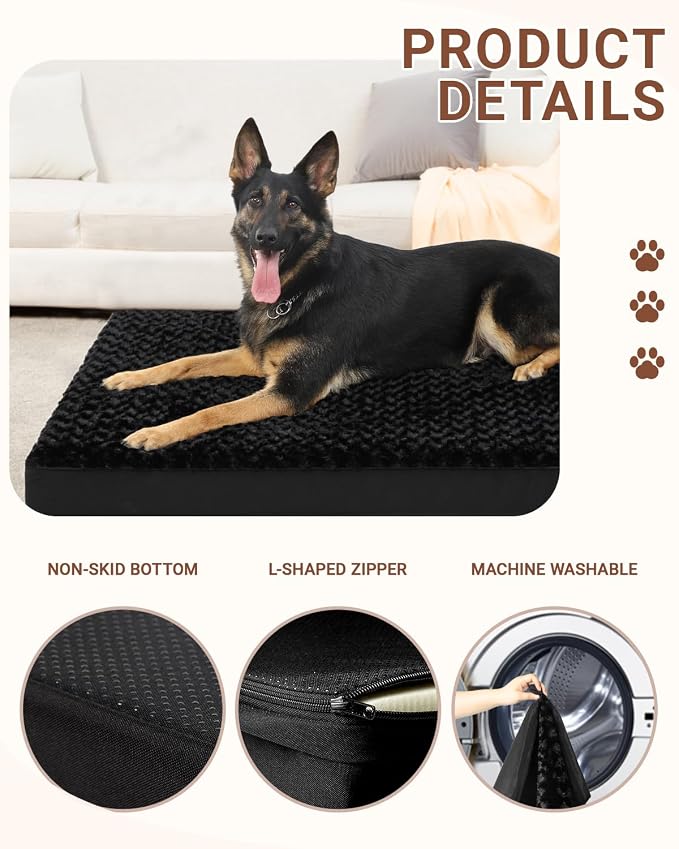 KSIIA Dog Crate Bed Waterproof Large Dog Bed Soft Rose Velvet Supportive Kennel Pad Egg Crate Foam with Removable Washable Cover & Non-Slip Bottom, 41 x 27 Inch, Black