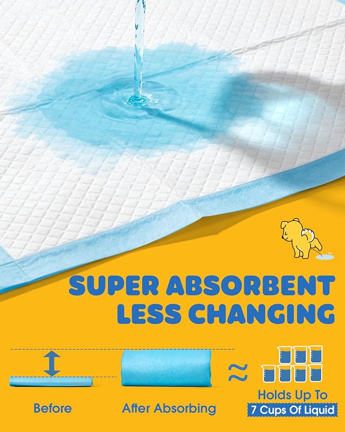 Powools Puppy Pads - XL 34'' x 28'' Dog Training Pads with Fast Absorb Core & Leak-Proof Backing, Quick-Dry Dog Pee Pads for Home, Travel & Crates, 60 Count