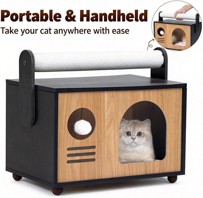Ecove Family Cat House for Indoor Cats, Modern Wooden Cat Cave Condo with Scratching Posts, Washable Cushion, Durable Cat Furniture, Bed for Small and Medium Cats