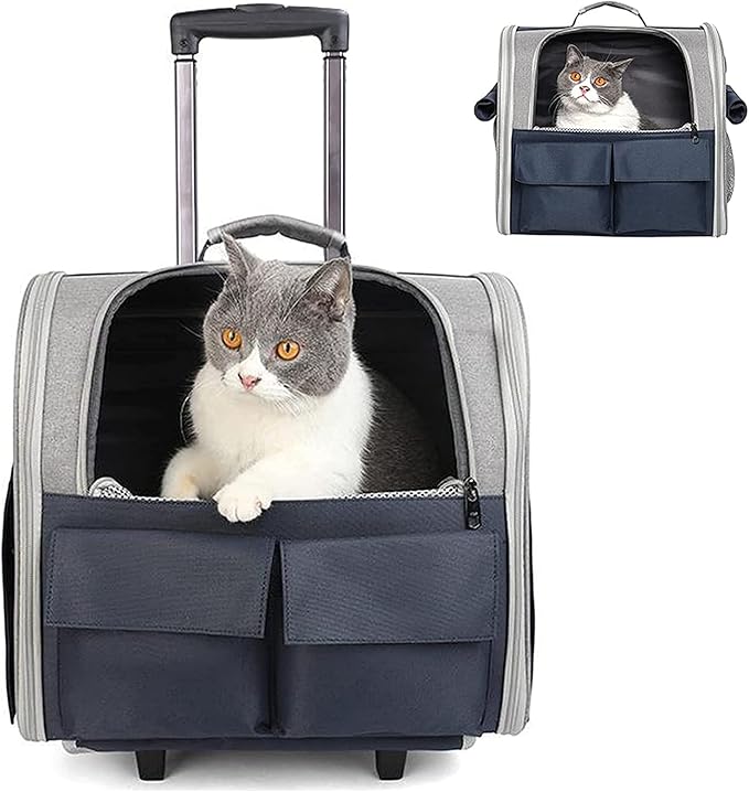 Cat Carrier with Wheels,Pet Travel Backpack Bag Cat Puppy Dog Carrier W/Trolley and Telescopic Handle,Multi-Function Rolling Carrier,Portable Stroller Wheel Luggage Bag