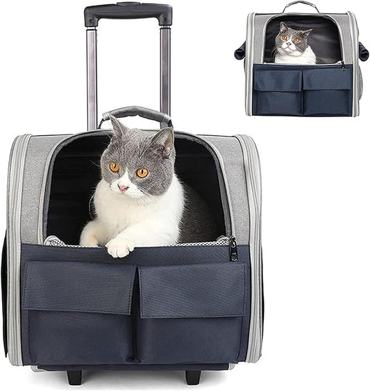 Cat Carrier with Wheels,Pet Travel Backpack Bag Cat Puppy Dog Carrier W/Trolley and Telescopic Handle,Multi-Function Rolling Carrier,Portable Stroller Wheel Luggage Bag