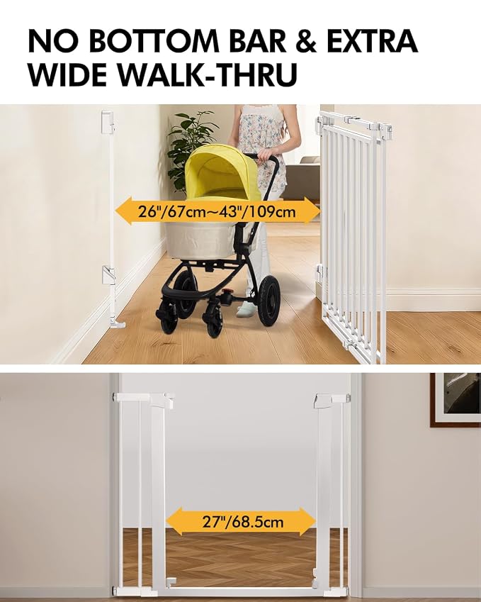 Extra Wide Baby Gate for Doorways 29" Tall Safety Gate for Kids&Pets,Pressure Mounted with Auto Close,Walk-Thru Metal Gate,Adjustable Width 26.4"-43",Indoor Pet Gate for Stairs & Hallways White