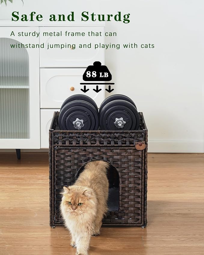 SETVSON Cat Beds for Indoor Cats Extra Large Double Cat Cave Pet Cube, Handwoven Rattan Cat Houses with Double-Sided Soft Cushions, 18.5 x 20.5 x 19.1 Inches Foldable Hideaway in Living Room Brown
