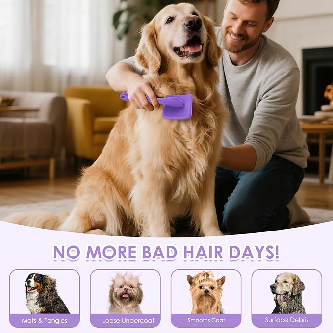 Large Dog Slicker Brush for Goldendoodles, Poodles - 3 in 1 Grooming Kit with Undercoat Rake & Comb - Extra Long Pins Slicker Brush for Dematting, Thick Coats, Shedding, Detangling, Purple
