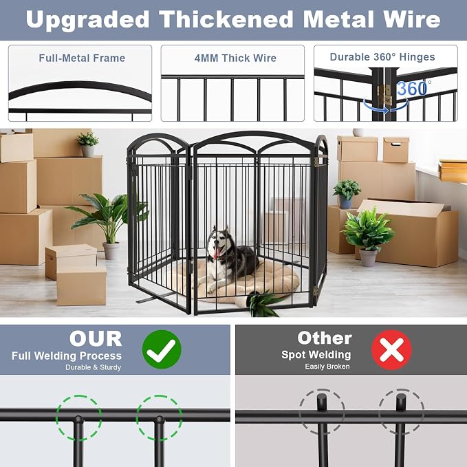 Full Metal Free Standing Dog Gate with Door for Indoor Outdoor, 144'' Extra Wide 36'' Tall Dog Gate for Doorways,Large Openings,Decks,Freestanding Portable Pet Fence(6 Panels,Black)