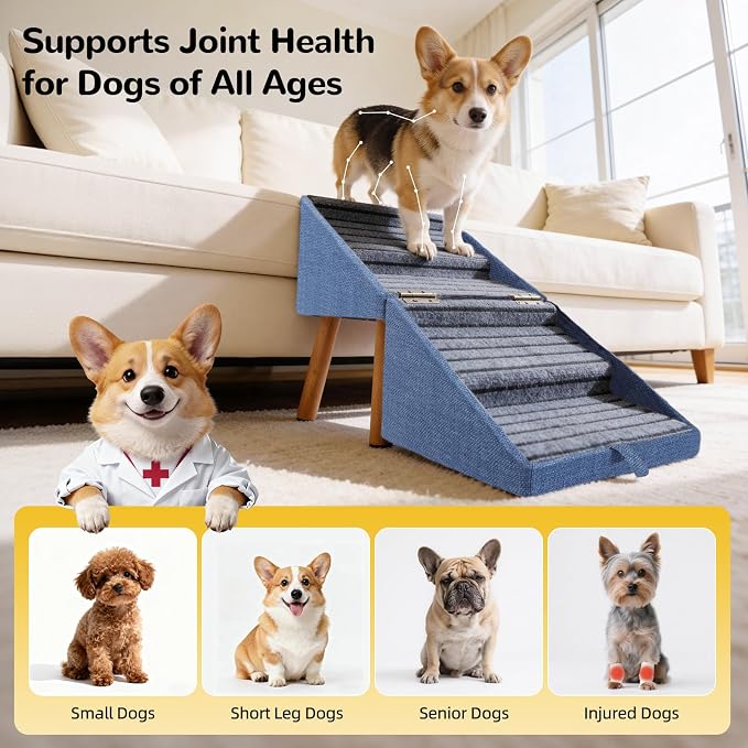 Dog ramp for Small Dogs, 2-in-1 Pet Steps & Ottoman - Foldable Dog ramp for Couch, Non-Slip Wooden Pet ramp for Puppy Senior Injured Dogs (Blue, XL(17.13H))