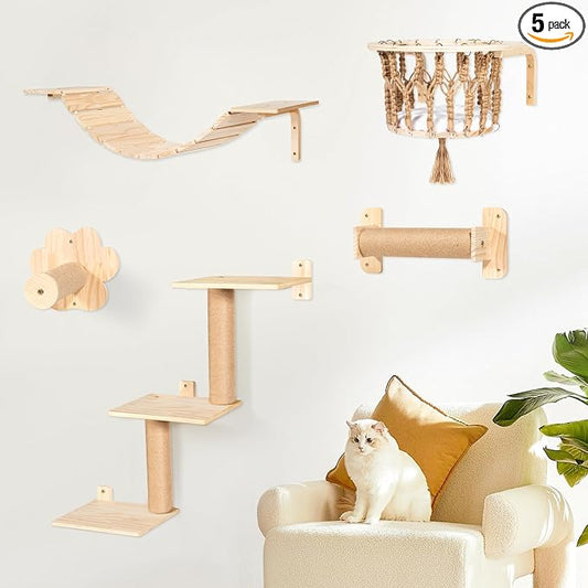 TAKEKIT Cat Wall Shelves and Perches, Wall Mounted Cat Furniture with Hammock, Bridge, Tree, Steps and Scratching Posts, Wooden Climbing System for Indoor Large Cats and Kittens
