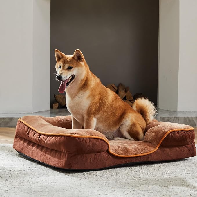DUMOS Orthopedic Dog Beds for Large Sized Dogs, 35x25 Inch Machine Washable Cover Pet Bed, Anti-Slip Waterproof Memory Foam Couch Bed for Indoor Dogs and Cats, Brown