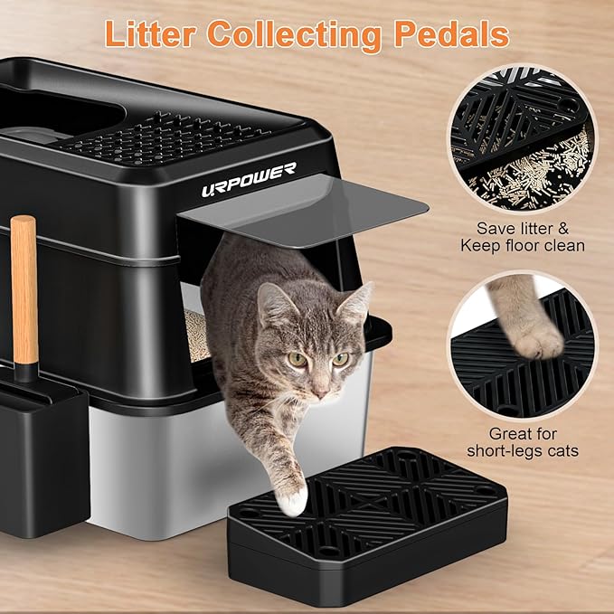 URPOWER Stainless Steel Cat Litter Box with Lid Extra Large Enclosed Litter Box Non-Sticky Metal Pan with High Sided & Scoop, Odor Free, Front & Top Entry, Anti-Leakage, Easy Cleaning