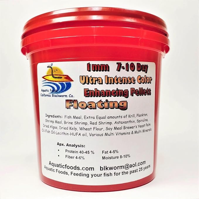 7-10 Day Color Change Ultra Intense Color Enhancing 1mm - 3/64" Floating Pellets for All Baby Cichlids, Discus, All Tropical Fish, All Koi & Pond Fish - 4.4 lb Bucket